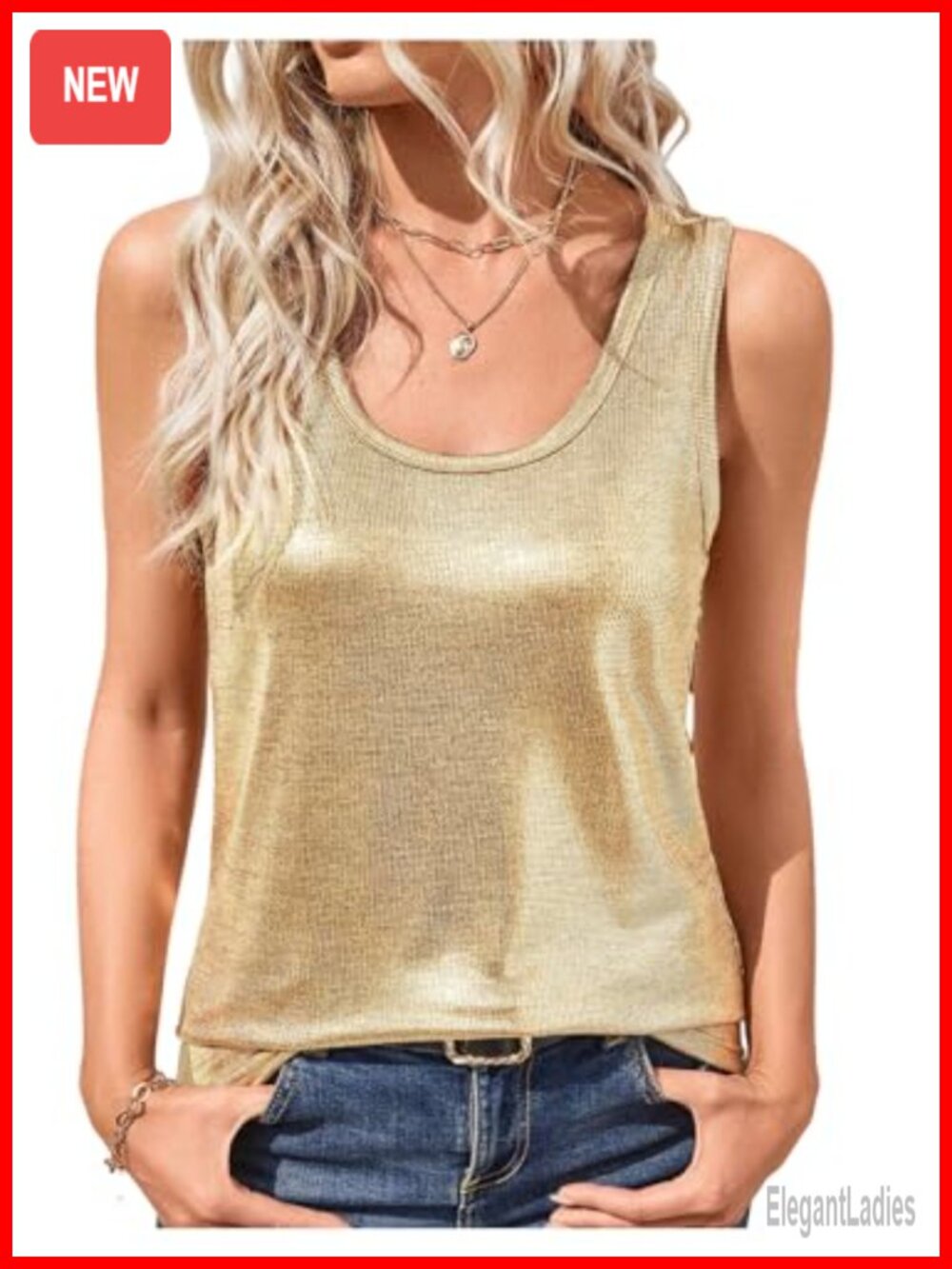 Metallic Glitter Tank Top Sleeveless Scoop Neck Party Top